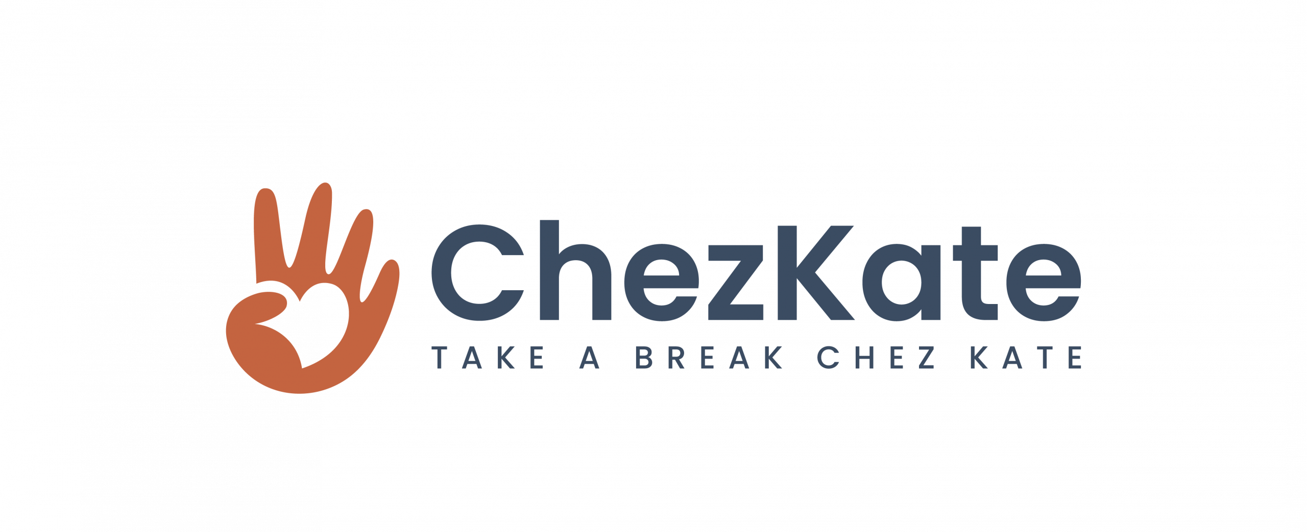 Terracotta hand with fingers outstretched and thumb folded in with a heart for the palm. Text in dark blue says ChezKate on the top line. Bottom line says Take a Break Chez Kate